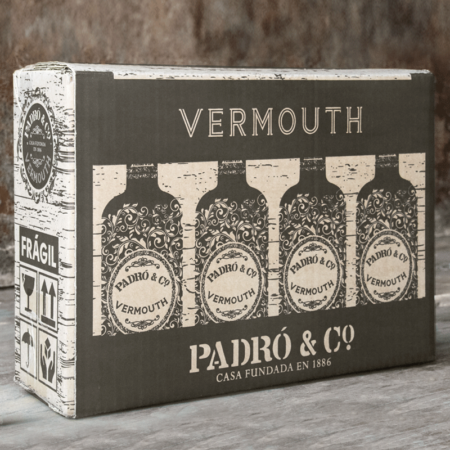 Caja de transporte para la caja de madera vintage de Vermouth Padró & Co.